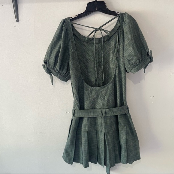 New! Free People Green Sevi Plaid Open Back Belted Mini Dress 37381 - Picture 3 of 10